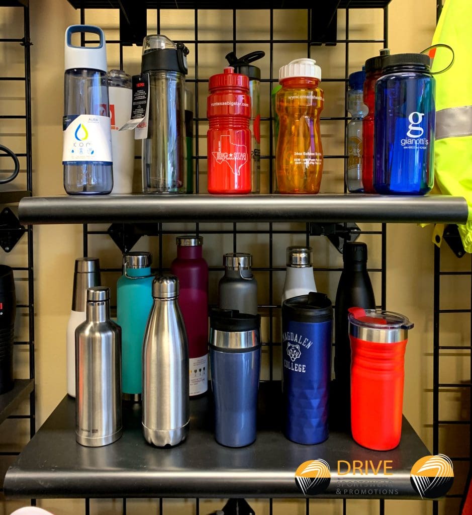 A collection of Drive Sportswears waterbottles